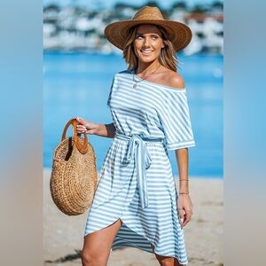 NEW Cupshe Sky Blue & White Stripe Boat Neck Dress